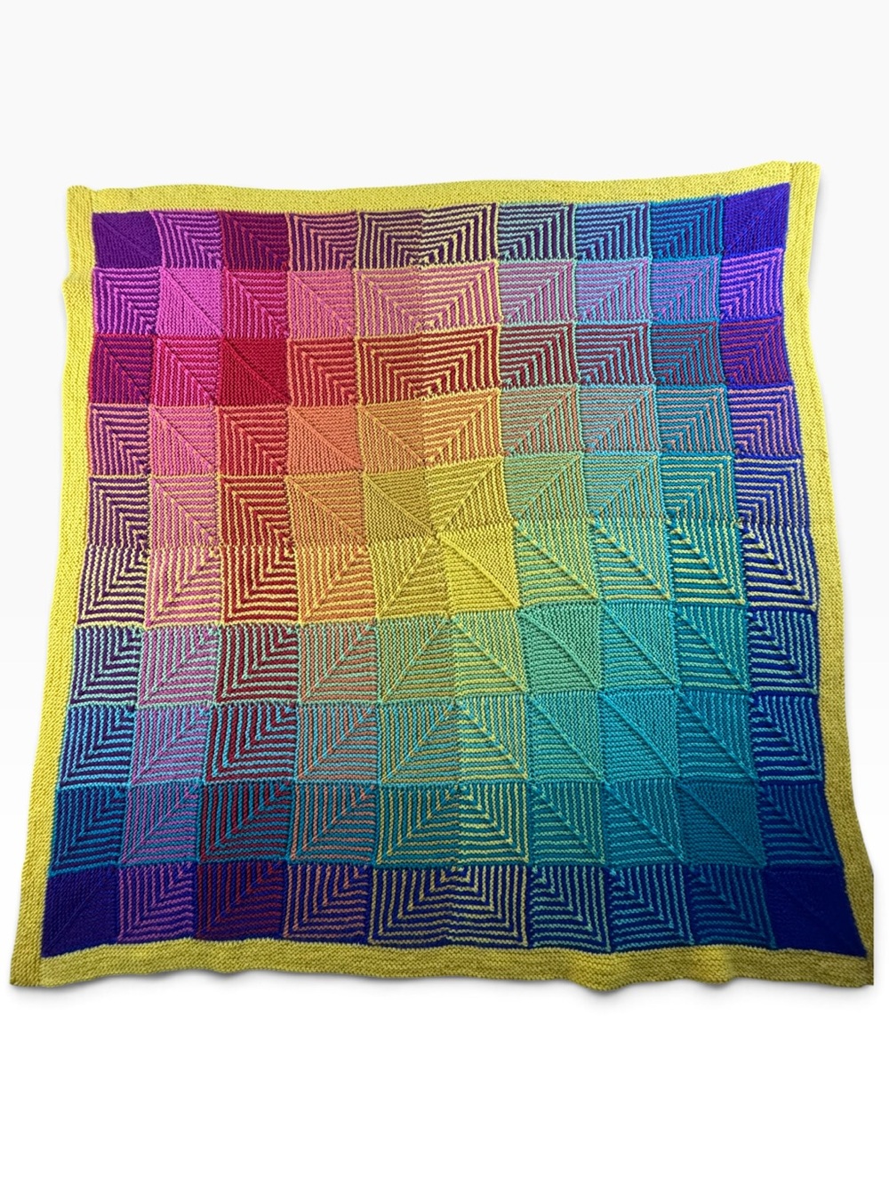 Hand Knit Rainbow Gradient Throw Blanket with Yellow Border